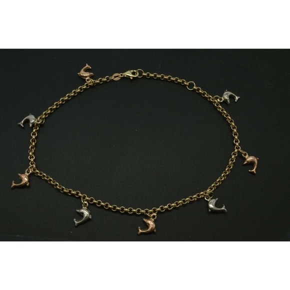 Real 10K Multicolor Gold Rolo Dolphin Fish Link Ankle Bracelet 9-10